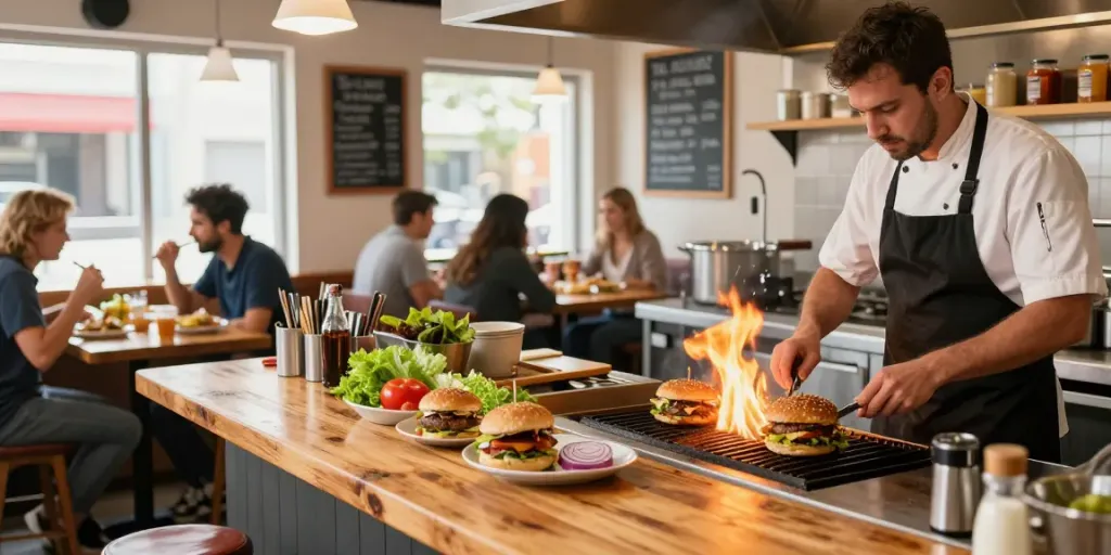 Une scène animée au restaurant de burgers avec le bnw burger en vedette, des chefs en cuisine et des clients heureux.