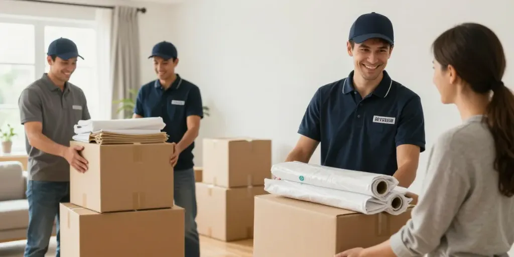Déménagement Lausanne : Équipe de déménageurs professionnels emballant soigneusement des biens à Lausanne.
