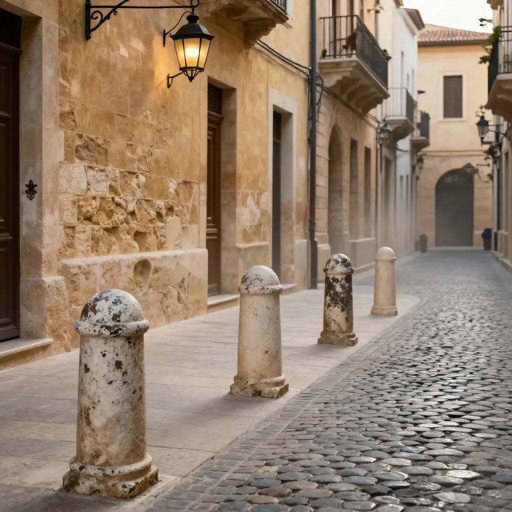 Ruelle historique vide avec lanternes, pavés et bornes en pierre formant un circuit de visite.