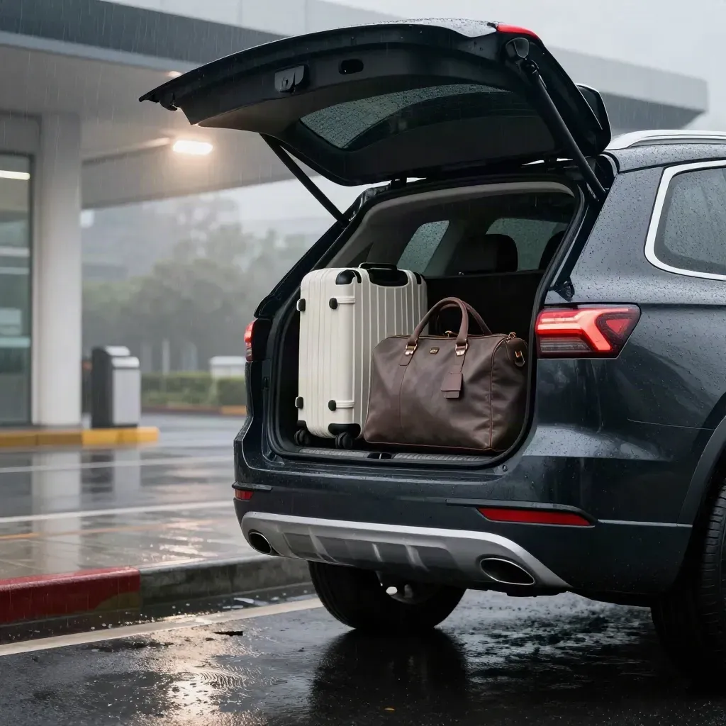 SUV noir sous la pluie, valises prêtes à être chargées devant un terminal discret