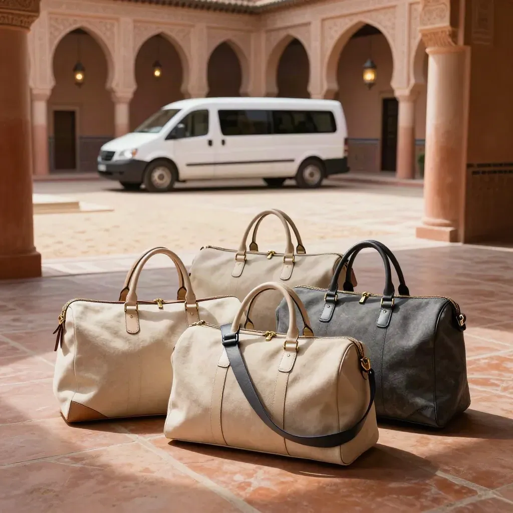 Cour de riad ocre, quatre sacs de voyage et navette blanche à l’extérieur.