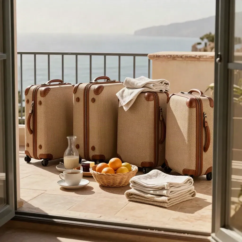 Terrasse familiale à Malaga avec valises basses, serviettes pliées et petit-déjeuner prêt au soleil.