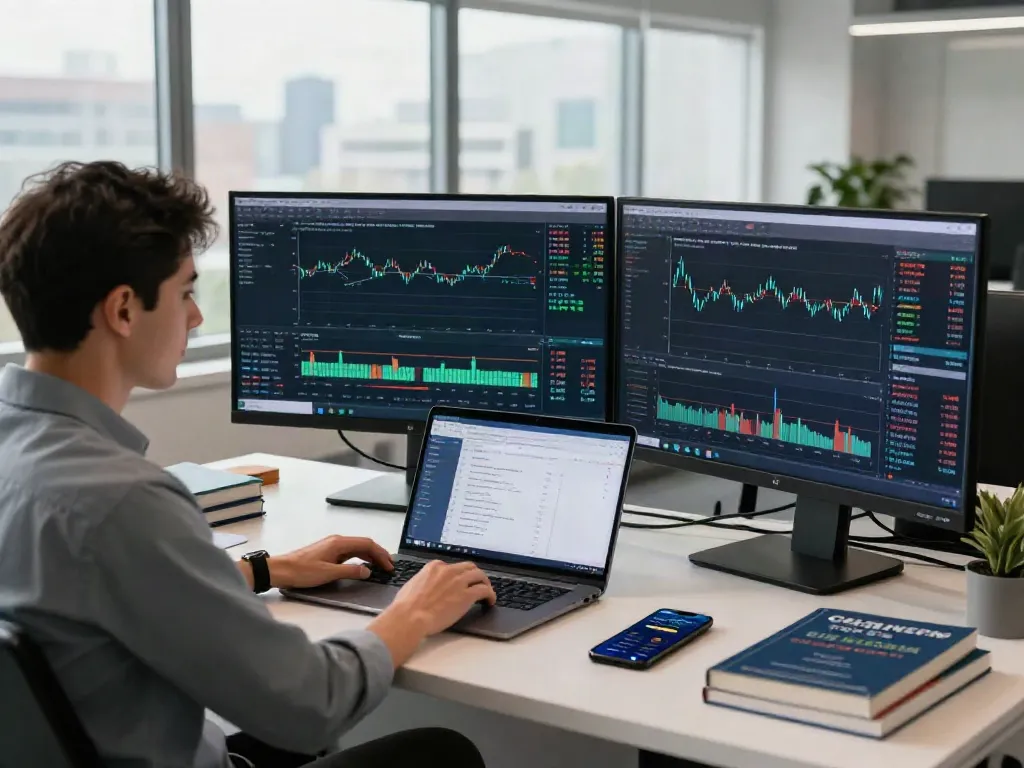 Interface de Couponeau affichant des données de trading sur des écrans modernes dans un bureau lumineux.