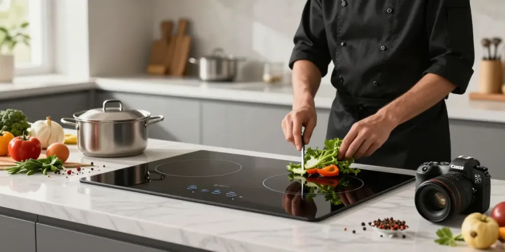 Plaque induction avec hotte intégrée utilisée par un chef dans une cuisine moderne.