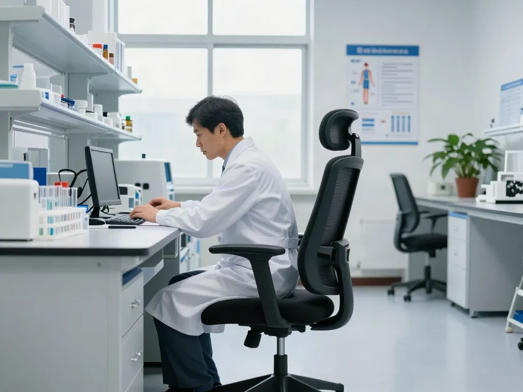 Siège de laboratoire avec repose-pieds réglable utilisé par un scientifique dans un environnement de laboratoire bien éclairé.